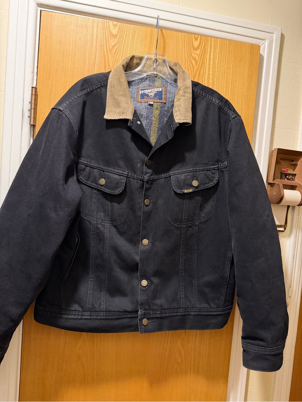 Mustang Stormrider Black Denim Jacket with Tan Corduroy Collar